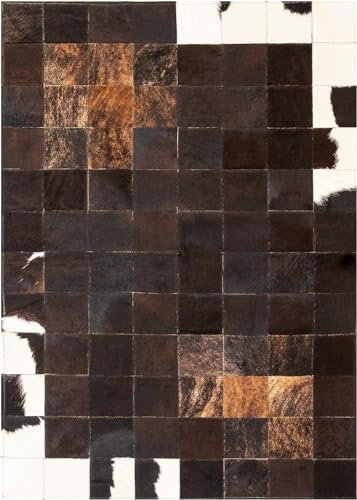 Rindsleder-Teppich, Patchwork, handgenähtes Fell, Rindsleder, echtes natürliches Muster, Rindsleder, rustikale Scheunenhaus-Dekoration, Western-Süd-Einzigartig, Boho (halbschwarz, 6' x 4'),180cmx120cm
