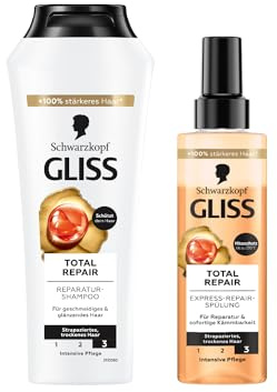 Gliss Shampoo Total Repair (250 ml), Haarshampoo mit flüssigem Keratin & Blüten-Nektar, Pflegeshampoo & Express-Repair-Spülung Total Repair (200 ml), Haarspülung Pflegespülung mit Hitzeschutz