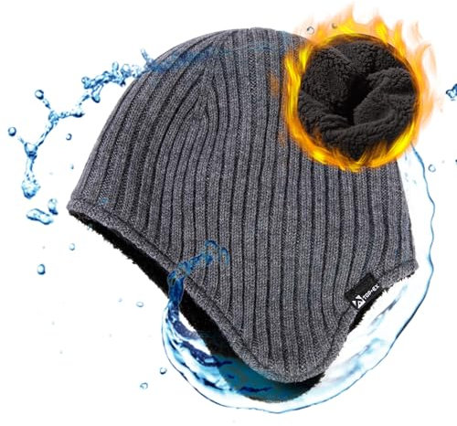 Übergroße XL/XXL Merinowoll Mischung Fleece Futter wasserdichte Ohrenschützer Beanie Mütze Extra groß große Köpfe Männer Frauen Winter gestrickte warme Schädelmütze Skifahren kaltes Wetter Grau
