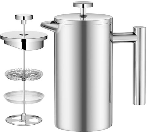 Sampoes Caffettiera French Press, Caffettiera a Pistone 1000mL, Caffettiera in Acciaio Inox con Triplo filtro, Doppio Acciaio Inox Francese per Casa, Viaggio, Campeggio, Argento