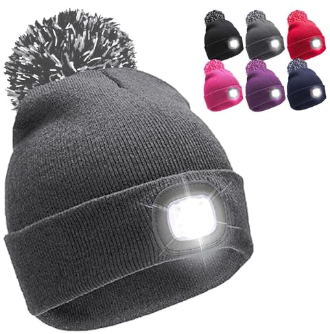 Kids Boys Girls Winter Bobble Hat with Rechargeable LED Head Torch Light 6 Colours (UK, Age, 6 Years, 13 Years, Grey)