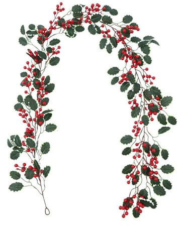 Weihnachtskranz | Realistische Blättergirlande - Stechpalme Blätter Girlande mit roten Beeren Künstliche Girlande für Tür, Garten, Treppe, Weihnachtsbaum, Decoraz