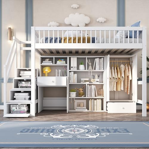 Huayz Kinderbett Hochbett mit Schreibtisch, Treppe und Kleiderschrank, Etagenbett Einzelbett mit Schließfächern und Lattenrost, Stauraumbett, weiß, 90x200, ohne Matratze
