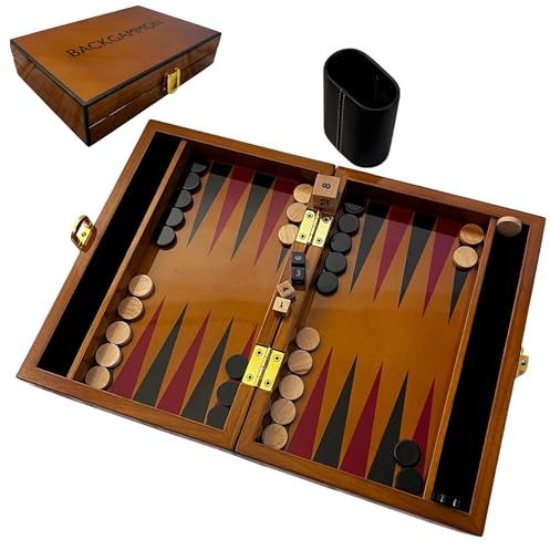 Deluxe Backgammon-Set aus lackiertem Holz, 30 cm, mit hochwertigem Leder-Würfelbecher mit lackierten Holzspielchips