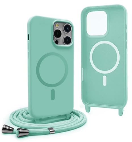 YFSYLL Handykette Hülle für iPhone 12 Pro Max mit Band,Magnetische Silikon Handyhülle Kompatibel mit MagSafe,Handyhülle für zum Umhängen Einstellbar und Abnehmbar - Mintgrün