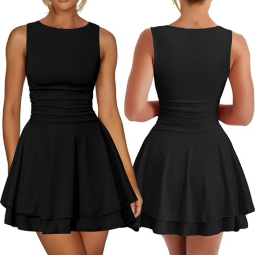 Bcenoilua Damen Kleider Sexy Tank Ärmellos Rundhals Minikleid Rüschen Eng Kurz Sommerkleid Stretch Party Club Bodycon Kleid Elegant Cocktailkleid Abendkleider Figurbetontes Partykleid