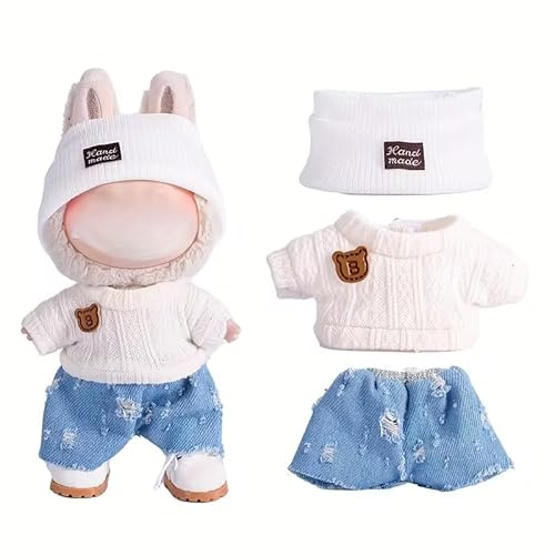 Generisch Puppenkleider-Set für 17cm Puppen, 3-teilig mit Fischerhut, Pullover und Hose oder Rock, (Style 4 Three Piece Set)