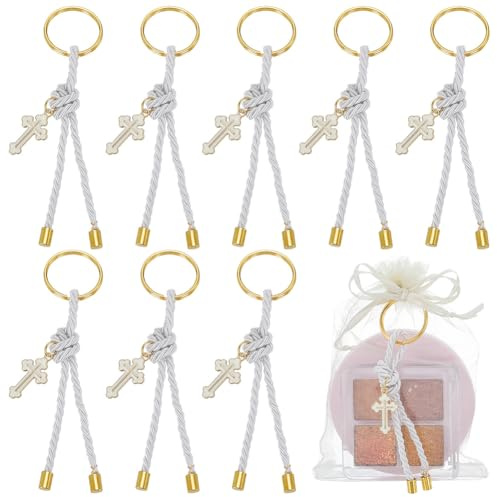 FINGERINSPIRE 10 Porte Clés en Corde de Polyester Avec Croix Porte Clés Fait Main Avec Pendentif en Alliage Émaillé et Anneaux en Fer Cadeaux de Première Communion Personnalisés pour les Invités