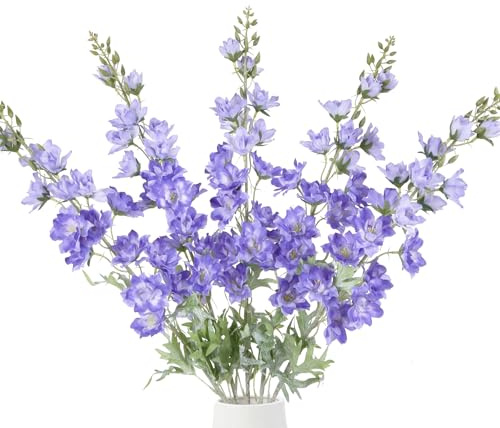 IPOPU 37 Delphinium Artificial Flowers 5PCS Real Look Faux Delphinium Flowers with Long Fuzz Long Stem Silk Larkspur Snapdragon for Wedding & Home Decor(Purple Blue)