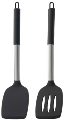 Spatula, 2 Pcs Heat Resistant Non-Stick Silicone Spatulas for Cooking, Non Stick Seamless Fish Slice, Kitchen Utensils Ideal for Fish, Eggs, Pancakes (Black)