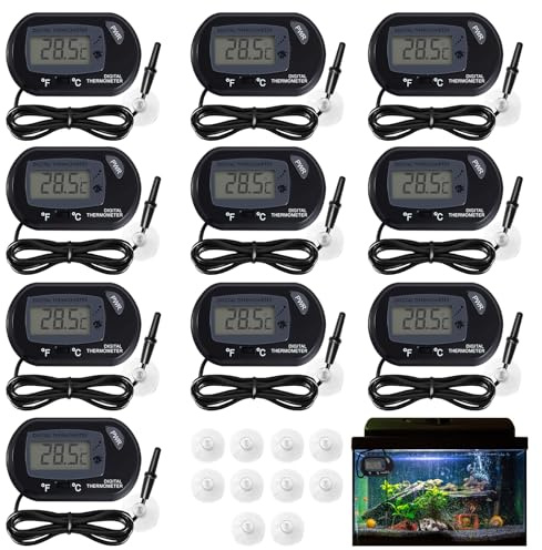 PRITOK Digital Aquarium Thermometer with Probe and Suction Cup: 10 Pack °C/°F Switchable Water Temperature Monitor with Large LCD Display for Fish Tanks, Aquariums, and Reptile Habitats (Black)