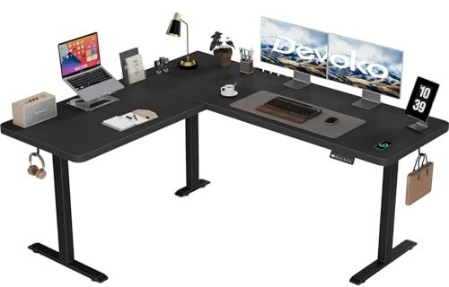 Devoko Höhenverstellbarer Schreibtisch L-Form 160x140cm mit 20mm Tischplatt | Eckschreibtisch Höhenverstellbar mit 3 Speicherhöhen & Kabelbox, Ergonomischer Computertisch mit Kollisionsschutz，Schwarz