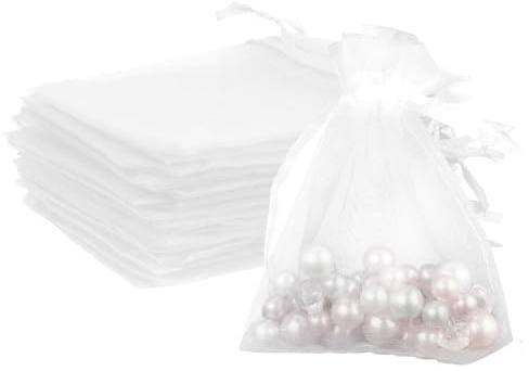 dogmoon Organza Beutel mit Kordelzug, 50 Stück 20 × 30 cm Geschenk Hochzeit Säckchen, Organza Geschenk Schmuckbeutel, Hochzeit Bonbonsbeutel für Oder Fest Party(Weiß)