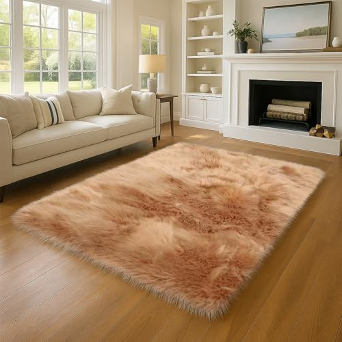 Wokuaile Hochflor Teppich Wohnzimmer Flauschig Fellteppich Shaggy Kunstfell Waschbar Weich Modern Teppich für Schlafzimmer Kinderzimmer Braun, 80 x 180 cm