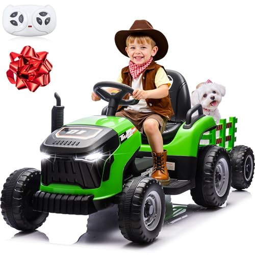 JORFLY 24V Kids Ride On Tractor w/400W Motors, 2-IN-1 Power Tractor Wheels w/Remote Control, Tiltable & Detachable Trailer, Adjustable Seat, Music, 24Volt Ride On Toys Electric Tractor for Kids, Green