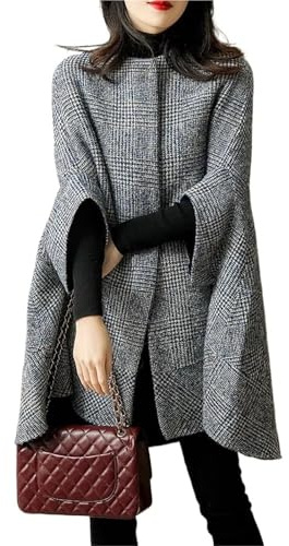 Ponchos d'hiver Poncho d'hiver élégant for femme, manteau en laine à carreaux, veste d'automne tendance, col rond, manches(XX-Large)