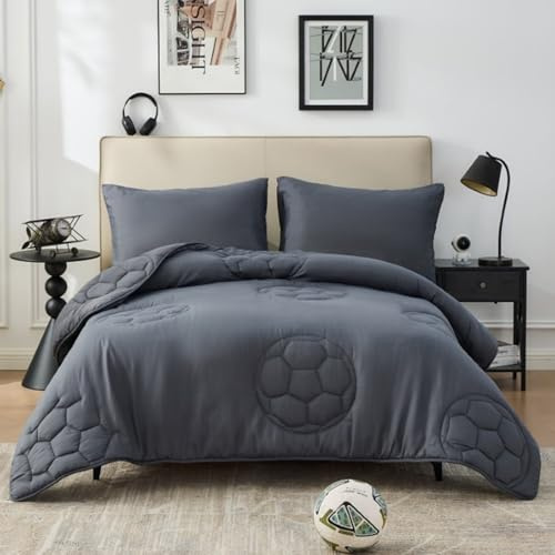 10.5 Tog Kids Coverless Quilt Set with Pillowcase, Soft Quilted Reversible Comforter Duvet, Lightweight Breathable Winter Washable Polyester Bedding (Football - Charcoal, Double Duvet 200x200cm)