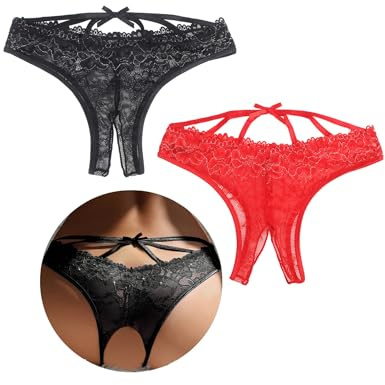 comeondear Tangas Sexy Mujer Abierto de Encaje Bragas Abiertas Brasileñas | String Tanga sin Entrepierna,Thong Sexy de Cintura Baja,Ropa Interior Abierta Lazo,Cintas Cruzadas, Talla Grande S-XXL