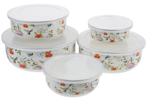 Sosoport Set 5 Pezzi Ciotole Smaltate Multi-Funzione con Coperchio, Ciotole per Mescolare e Conservare Alimenti, Insalatiera Smaltata Spessa per Impiego Domestico e Cucina