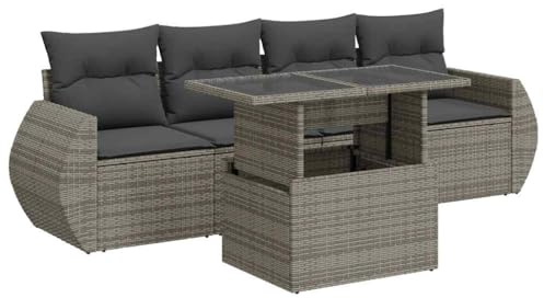 HFXHIJXQ 5-TLG. Gartenlounge Poly Rattan Sofa-Set 100x55 cm Tisch mit Verstellbarer Platte grau wetterfest UV-beständig 110 kg Belastbarkeit platzsparend für Terrasse Balkon Patio