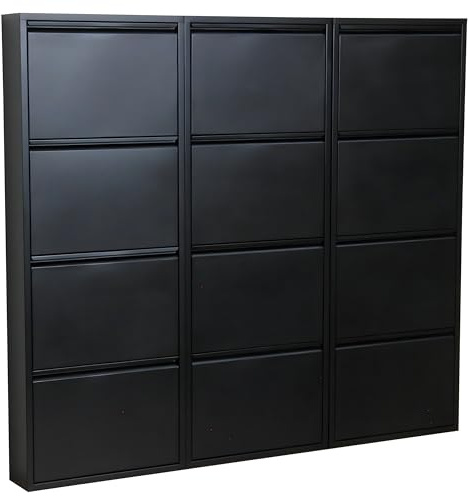 Dynamic24 XXL Pisa 12 Klappen schwarz – Schuhschrank – B152 x H140 x T16 cm – Metall pulverlackiert – Klappbar/faltbar – modern – für Flur & Eingangsbereich – ideal für schmale Flure