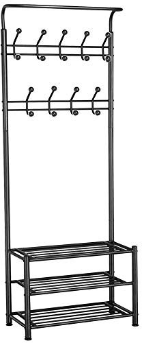 T-LoVendo Zapatero y Perchero de pie Entrada o Recibidor Metálico. Estantería. 18 Ganchos y 3 Estantes. 180x65x30cm. Negro