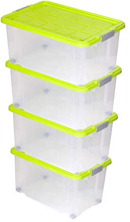 BigDean 4x XL Eurobox mit Deckel und Rollen 60x40x32,5 cm Aufbewahrungsbox | Stapelbox Deckel gelb grün