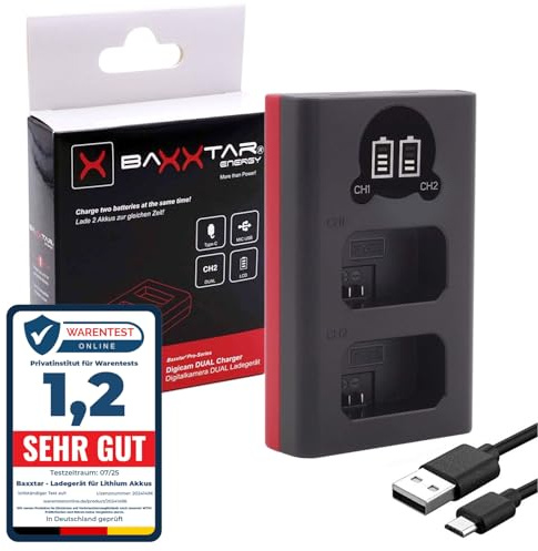Baxxtar NP-FW50 batteriladdare USB (1851) – (dubbel, LCD, / ingång USB-C och mikro-USB)