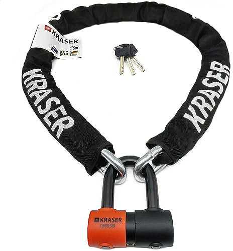 KRASER KR50150 Antivol Moto Homologué SRA | 2in1 Robust Mini U ø18mm + Chaine Haute Sécurité Acier Cémenté ø13,5 Testée, 3 Clés (autres 2), Multifonction Bloque Disque + Chaîne, Recommandé Assurances