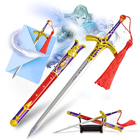 Swords and more Fate/Stay Night - Caliburn Saber Lily, Schwert Brieföffner mit Scheide und Ständer, Miniatur Katana, Edelstahl, Anime Geschenk für Fans & Sammler