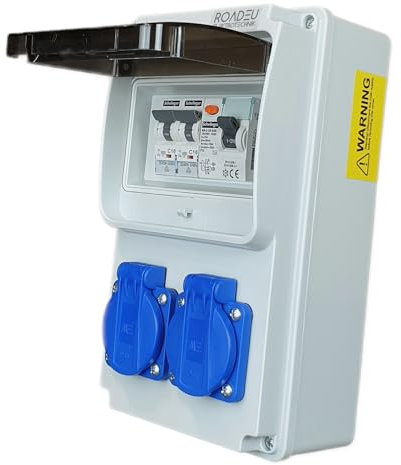 RoadEu - Quadro Elettrico Distributore di corrente 230V, 2x presa Schuko con interruttore, distributore di prese da cantiere IP44 magnetotermico differenziale 25A tipo A/AC, 2x LS C16A