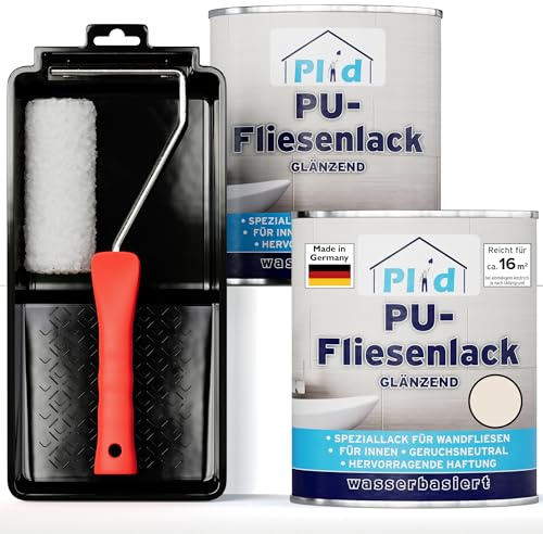 Plid Fliesenfarbe Cremeweiß Glänzend 1,5 l – mit Lackierset | Fliesenlack Bad & Küche | Feuchtigkeitsbeständig | Hochdeckend | Wandfliesen Innen | ca. 16 m² | Made in Germany