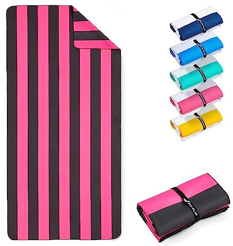 Fit-Flip Strandtuch XXL - Mikrofaser Badetuch - Strandtücher leicht und schnelltrocknend - 100% recyceltes Mikrofaser Handtuch - Strandhandtuch zum Baden (Pink-Dunkelgrau gestreift 200x90cm)