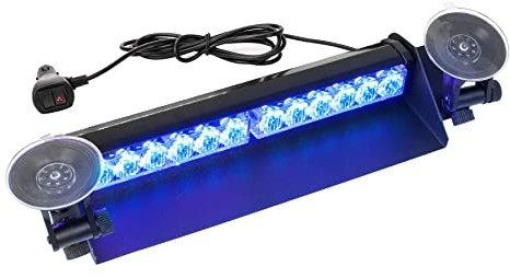 ROUTEKING 35,6cm LED Blaulicht Warnleuchte Frontblitzer 12 LED Blau | 12V-24V 9 Blinkmodi Blitzleuchte, 2 Saugnäpfe Hohe Intensität Blinkende Windschutzscheibe Lampe Stroboskopstange für Auto LKW