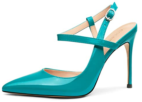COLETER Women's Slingback Pumps 4IN Buckle Ankle Strap Sandals Closed Pointed Toe Office Work Wedding Shoes Teal-P 7.5US