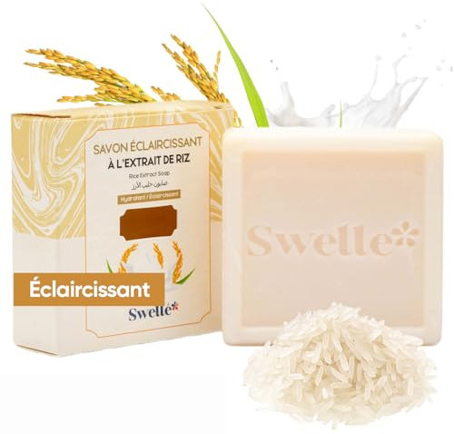 SWELLE Saponi Riso 100 gr 1 Sbiancante Sapone Pezzo Viso, Sapone Solido Gel Doccia e Soap Bar Vegano Combatti Macchie Scure e Irregolare