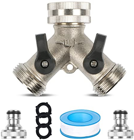 2 Wege Verteiler Wasser, 3/4 Zoll Wasserverteiler 2 wege, Wasseranschluss Verteiler Messing mit 2 Unabhängigen Drehschalter, 2 Wasserhahn Adapter, für waschmaschine geschirrspüler, Gartenschlauch