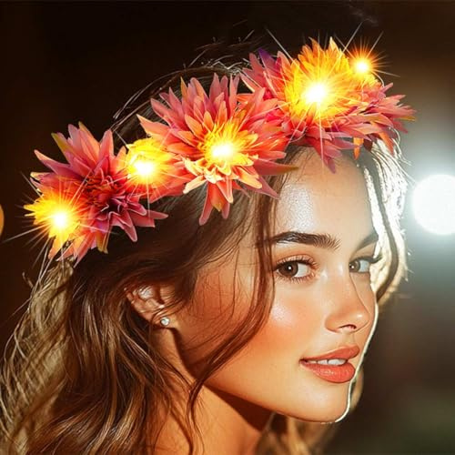 Vakkery LED Blumenkranz Haare Leuchtend Blume Haarkranz Kopfschmuck Blinkender Karneval Festival Party Haarschmuck für Damen (Rot)