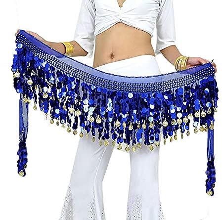 Rubruan Bauchtanz Hüfttuch Taillenkette Gürtel – Professionelles Tanzkostüm Sexy Tanzkleid Rock Outfit Zubehör mit 88 Münzen Pailletten Hüftschal für Damen Mädchen Doppellagig – 160 cm