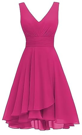 Vestido corto de dama de honor con cuello en V doble para mujer, vestido de cóctel formal de gasa fruncida para fiesta de regreso a casa, fucsia, 60