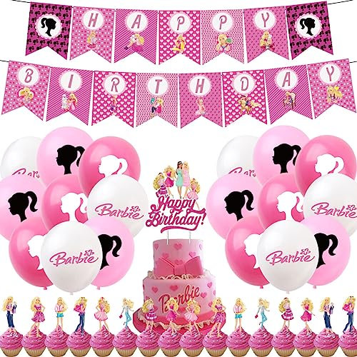 Pink Girl Birthday Party Decorations Supplies for Girls, Banner, Balloons, Cake Toppers, Cupcake Toppers, Ribbon, Cake Decorations