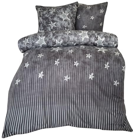 Leonado Vicenti - Winter Bettwäsche Sterne Grau Galaxy Thermofleece gestreift modern Schlafzimmer Garnitur Set Bezug Decke 135x200 / 155x220 / 200x200 / 200x220 / 240x220