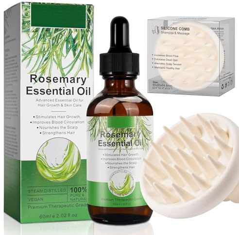 KLLALO 2.02FL.OZ reines ätherisches Rosmarinöl und Kopfhautmassagegerät, weiche Silikon-Shampoo-Bürste und Rosmarinöl für Haarwachstum, Kopfhaut, Haarbehandlungen
