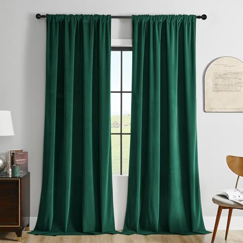 Joydeco Set di 2 tende in velluto verde, 140 x 220 cm, morbide e semi-oscuranti, isolanti termici, con fettuccia arricciata, con passante, spesse 330 g/㎡, per soggiorno e camera da letto