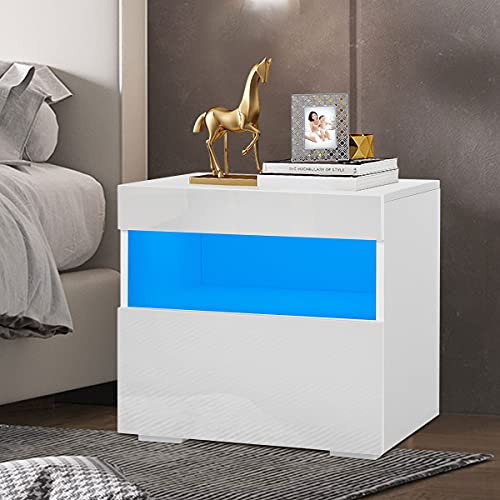 GRFIT Nightstand LED Coffee Tables Tea Table Nightstand Drawer Living Room Furniture Modern Bedside Table File Cabinet Storage Organizer Table (Color : White)