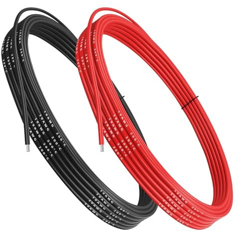Gruiqrd Cavo elettronico in silicone, 18 AWG, 0,81 mm², 18 gauge in silicone, 5 metri (2,5 m nero e 2,5 m rosso), flessibile e morbido, a bassa impedenza, 150 fili, filo di rame, resistenza alle alte
