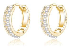 SLUYNZ 925 Sterling Silber Kleine Perlen Creolen für Frauen Teens - CZ Huggie Ohrringe für Hochzeit und Braut