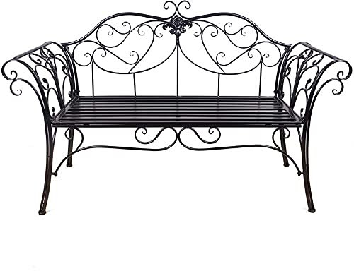 Parkterrassenbank Outdoor-Freizeitbänke, wetterfeste und rostfreie Gusseisen-Gartenbank, 2-Sitzer-Bank mit Rückenlehne und Armlehnen, Retro-dekorative Terrassenbank (Bronze) (Schwarz)