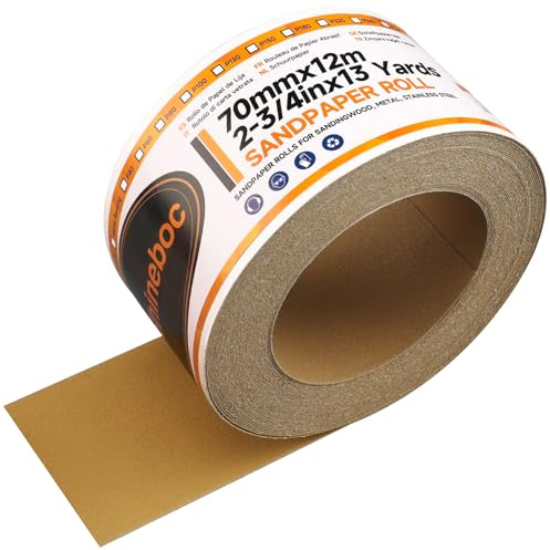 Shineboc 70 mm x 12 m Papier de verre autocollant, Rouleau de papier abrasif, Pour le bois, le métal, le plastique, l'automobile, le bloc de ponçage, Grain 80