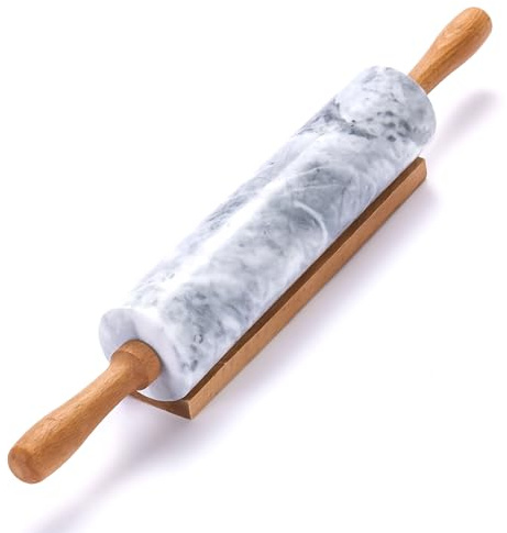 17 Inch Marble Rolling Pin with Wooden Handles & Wood Cradle, Dough Roller for Baking Pizza, Pies, Pastries, Pasta, Cookies